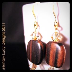 Kabuki wood Swarovski sterling gold plate earrings